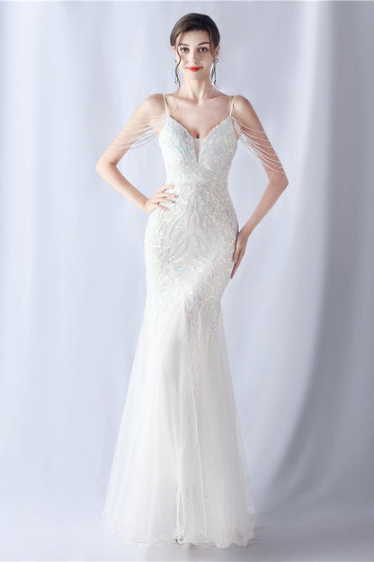 Beaded Mesh Cocktail Maxi Dress