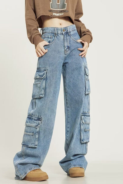 Vintage Washed Wide Leg Cargo Jeans