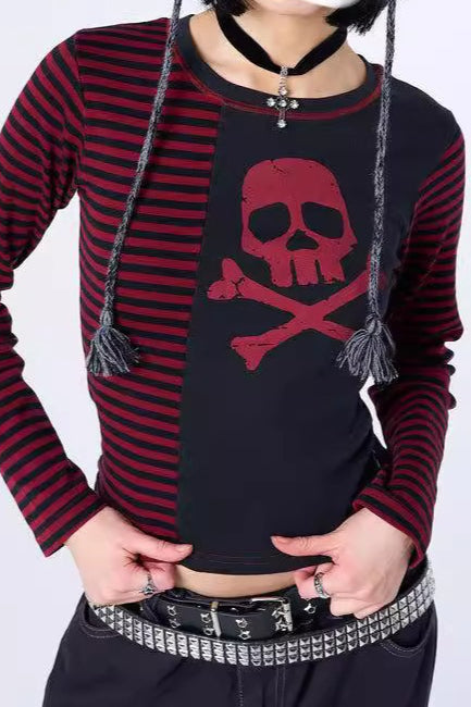 Gothic Skull Stripe Crop T-Shirt