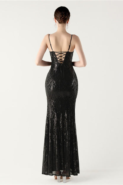 Sequin V Neck Cross Strap Mermaid Maxi Dress Black / S