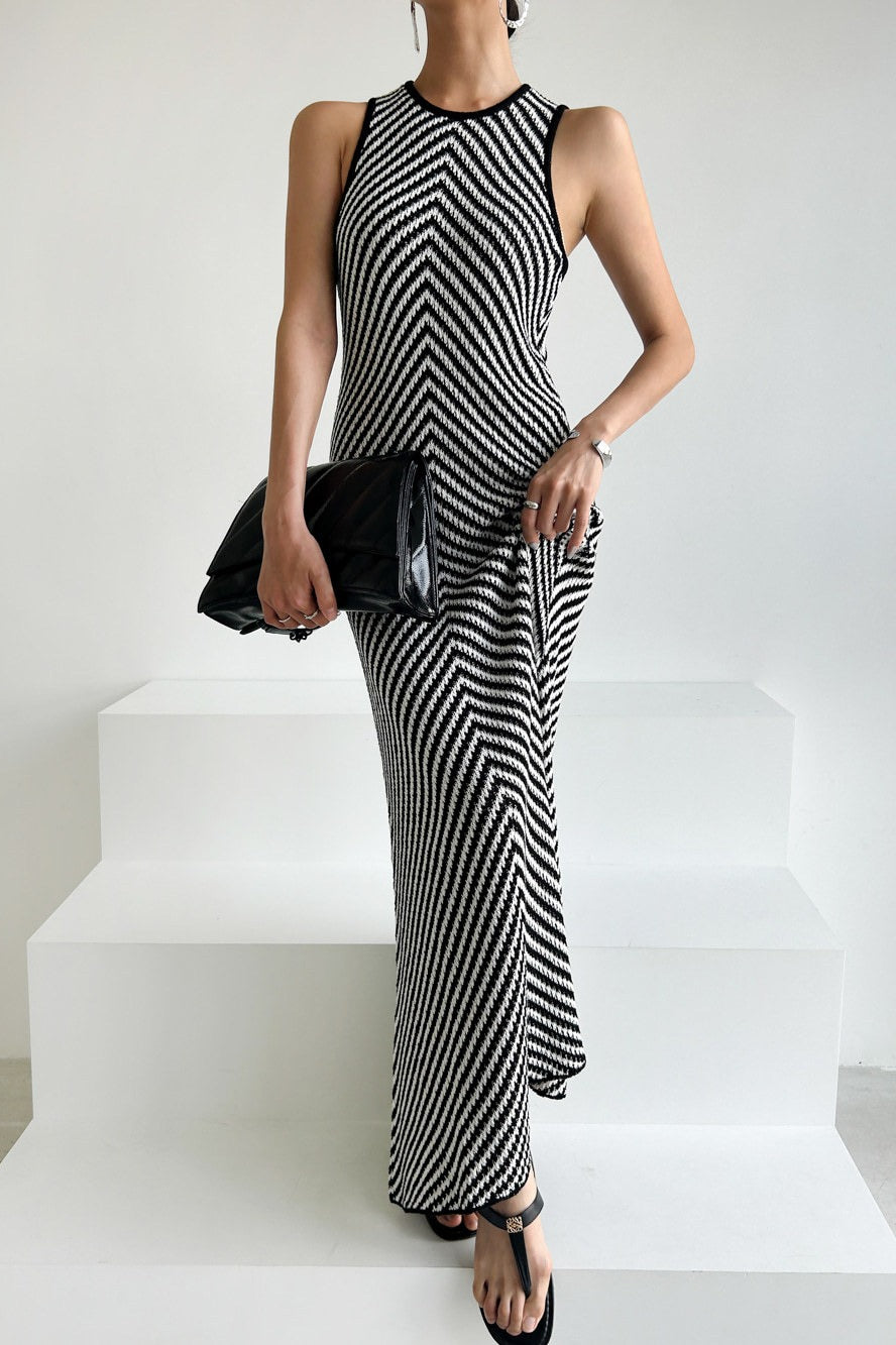 Sleeveless Striped Knit Sweater Dress S / Black