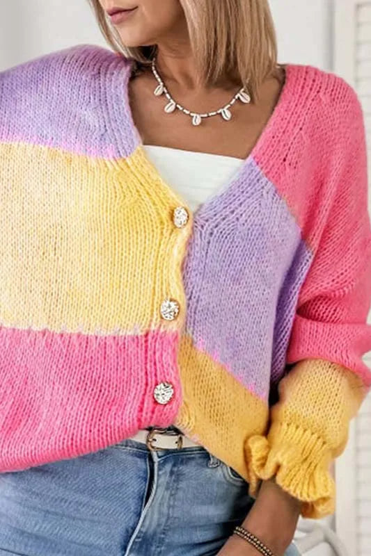 Colorblock Knit V Neck Cardigan