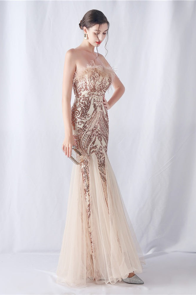 Ostrich Feather Sequin Evening Party Dress