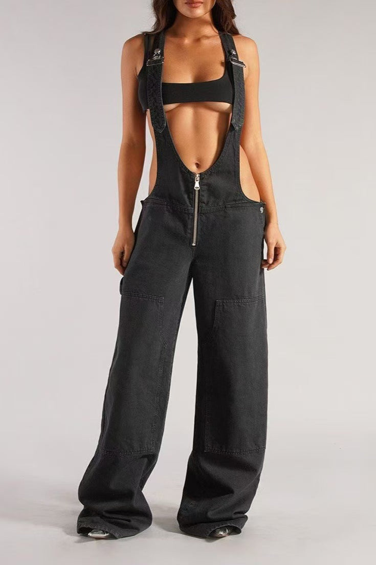 Low Rise Wide Leg Overall Jeans Black / S