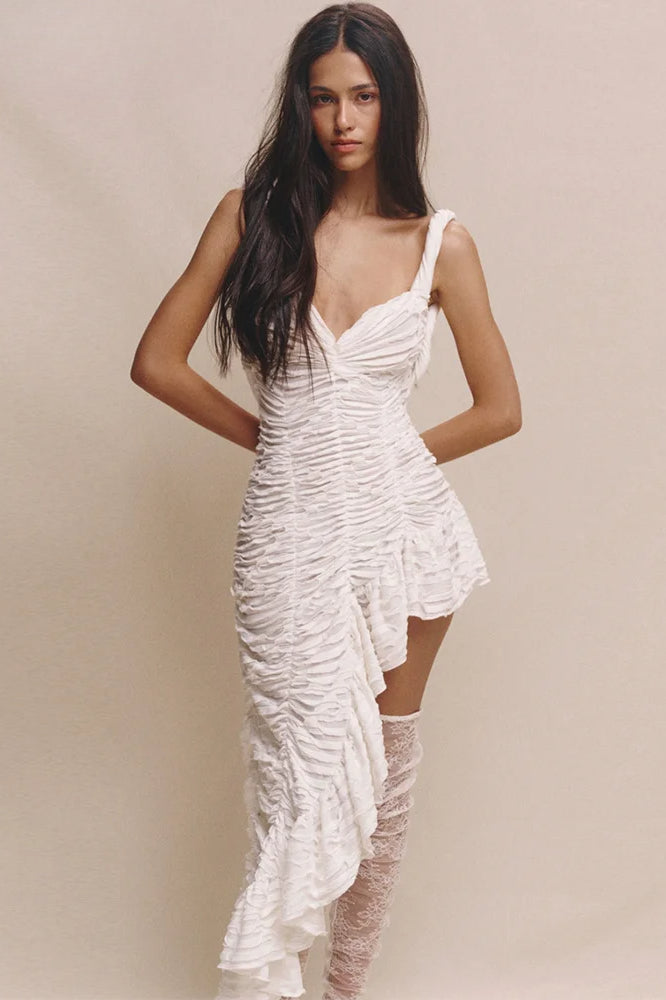 Pleated Oblique Hem Mini Dress