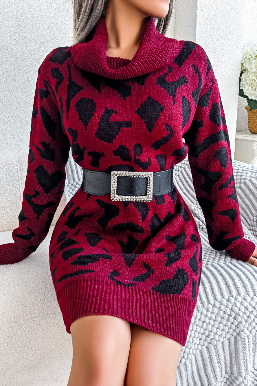 Leopard Turtleneck Sweater Dress S / Red
