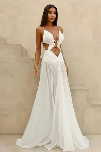 Mesh Hollow Out Boho Dress White / S