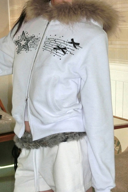 Vintage Star Print Fur Collar Hoodie