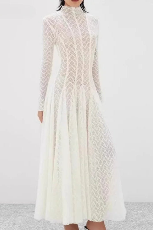 Hollow Out Mesh High Collar Slim Fit Maxi Dress