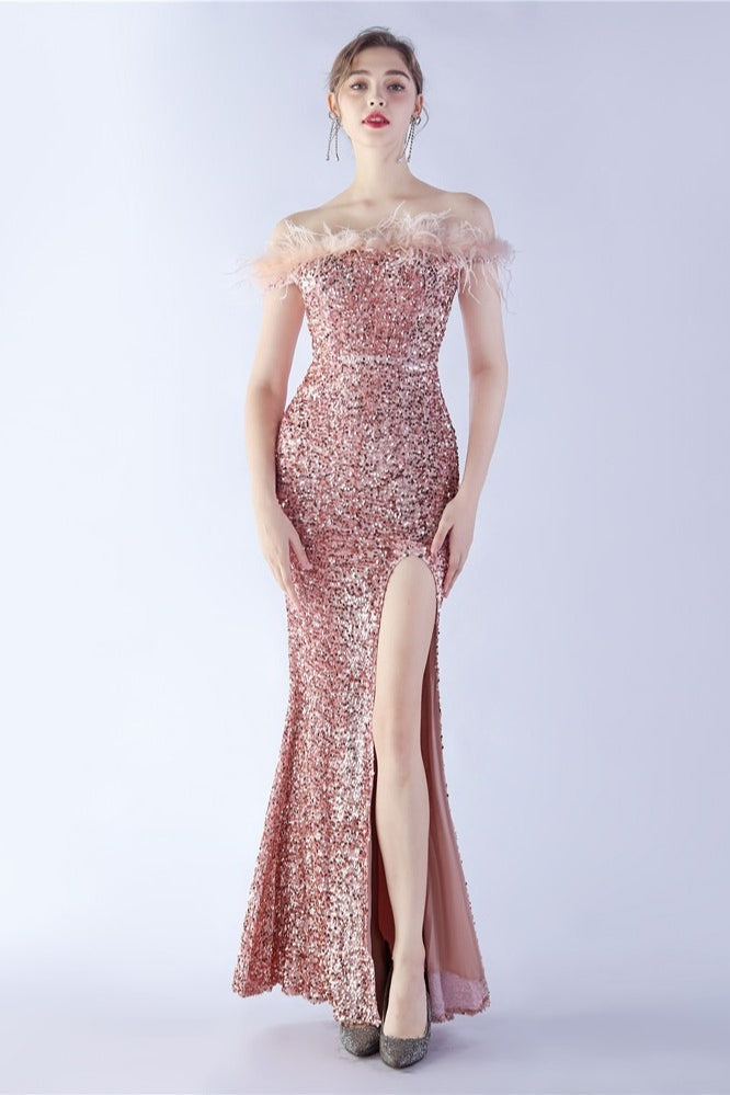 Velvet Sequin Ostrich Feather Off Shoulder Formal Dress