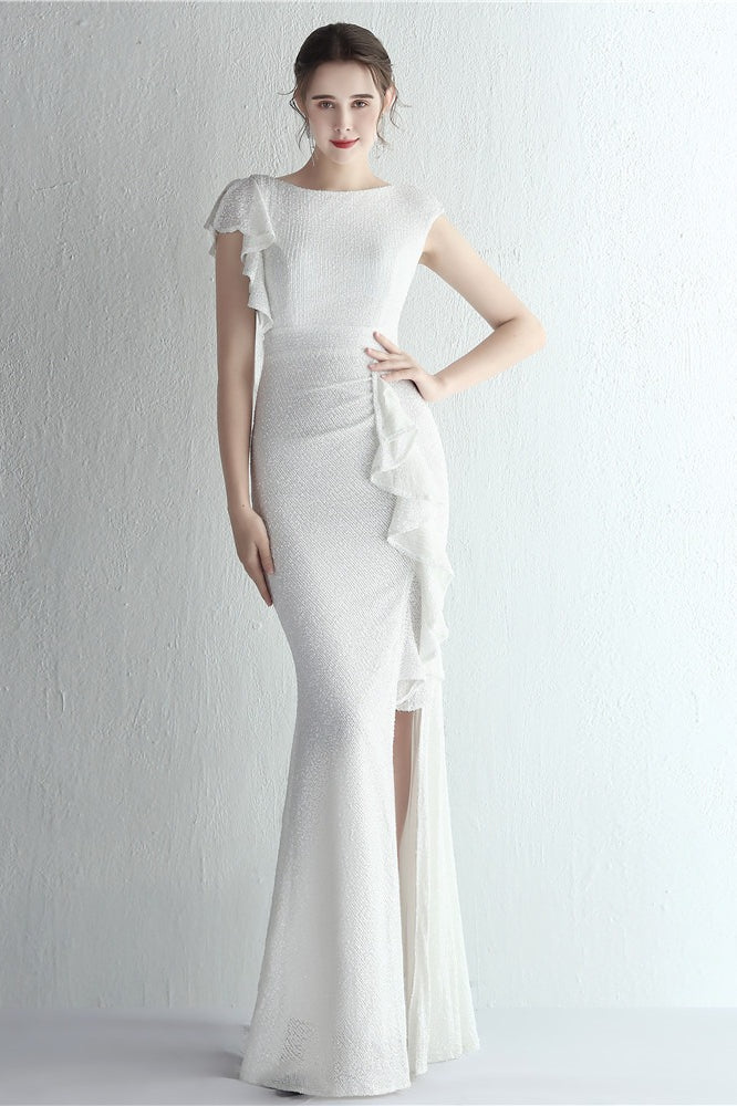 Glitter High Neck Mermaid Slit Formal Dress White / S