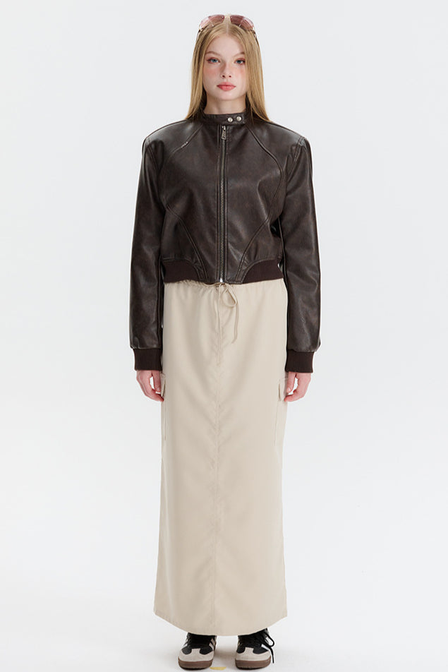 PU Leather Zip Up Bomber Jacket Brown / S