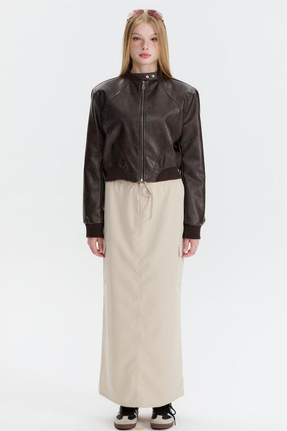 PU Leather Zip Up Bomber Jacket Brown / S