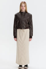 PU Leather Zip Up Bomber Jacket Brown / S