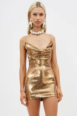 Gold V Neck Spaghetti Strap Mini Dress