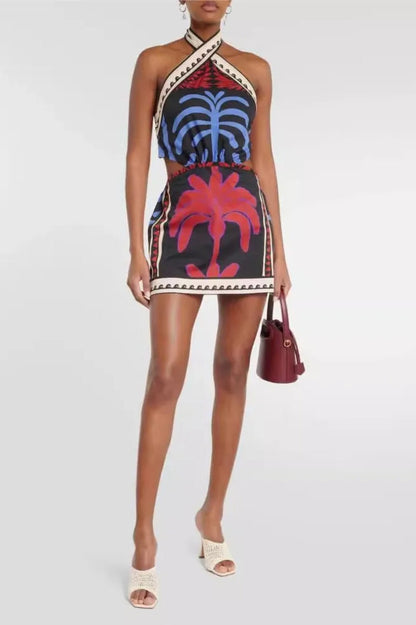 Bohemian Print Halter Neck Mini Dress