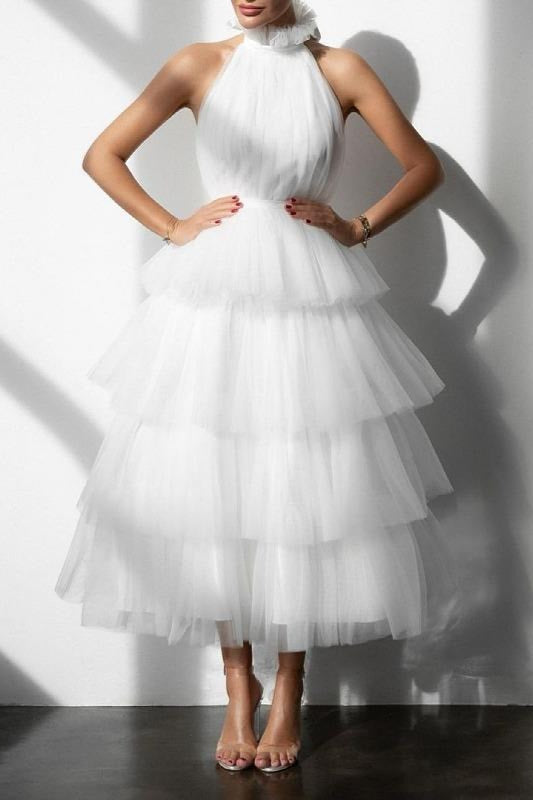 Blue Tiered Ruffle Mesh Party Dress XS / White