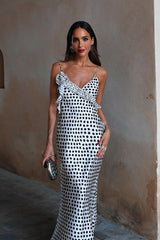 Satin Polka Dot Backless Bodycon Maxi Dress