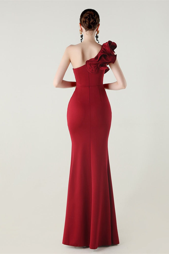 Ruffled Floral One Shoulder Satin Party Dress Red / S