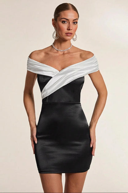 Black White Off Shoulder Party Dress S / Black
