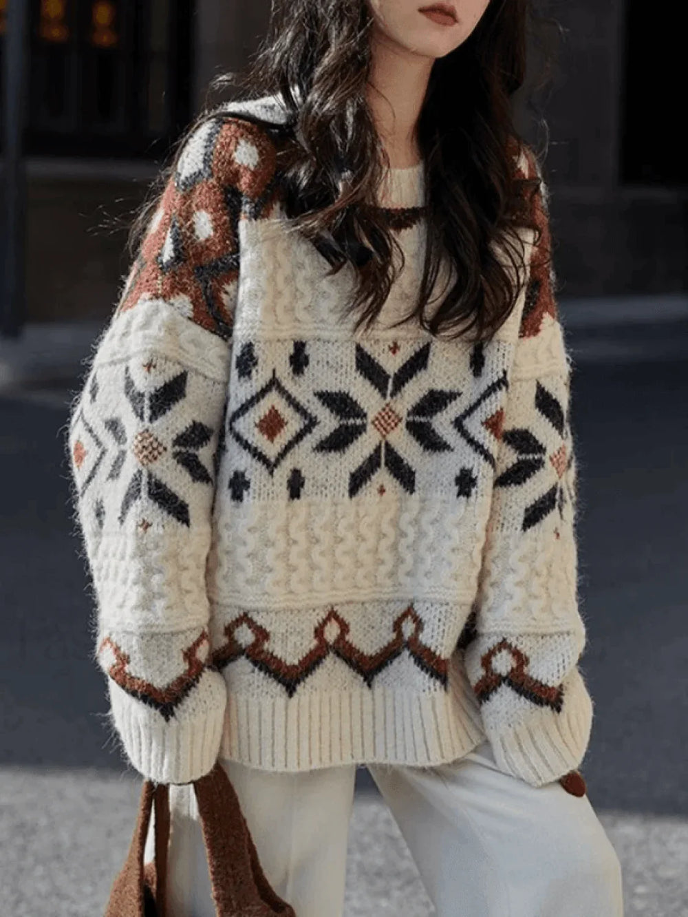 Fair Isle Christmas Pullover Sweater Beige / ONE SIZE Sweaters