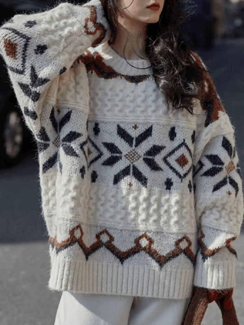 Fair Isle Christmas Pullover Sweater Beige / ONE SIZE Sweaters