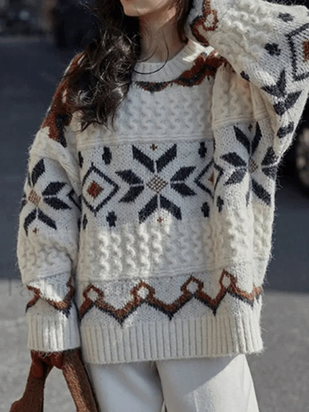 Fair Isle Christmas Pullover Sweater Beige / ONE SIZE Sweaters