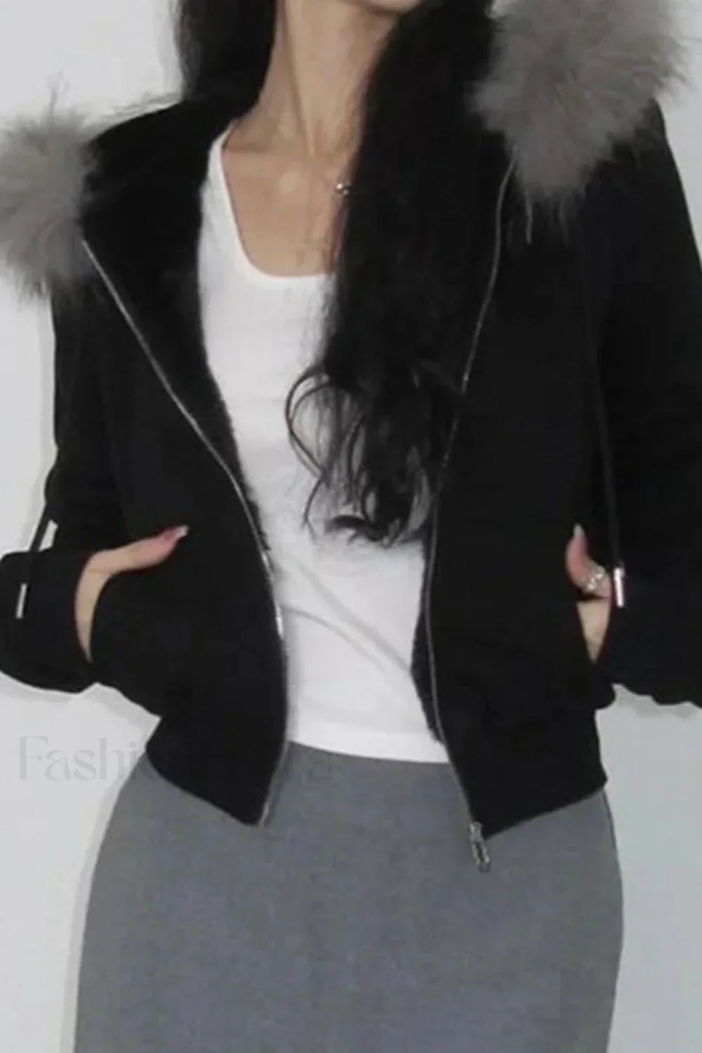 Fairy Fur Patchwork Double Zipper Hoodie Black / S