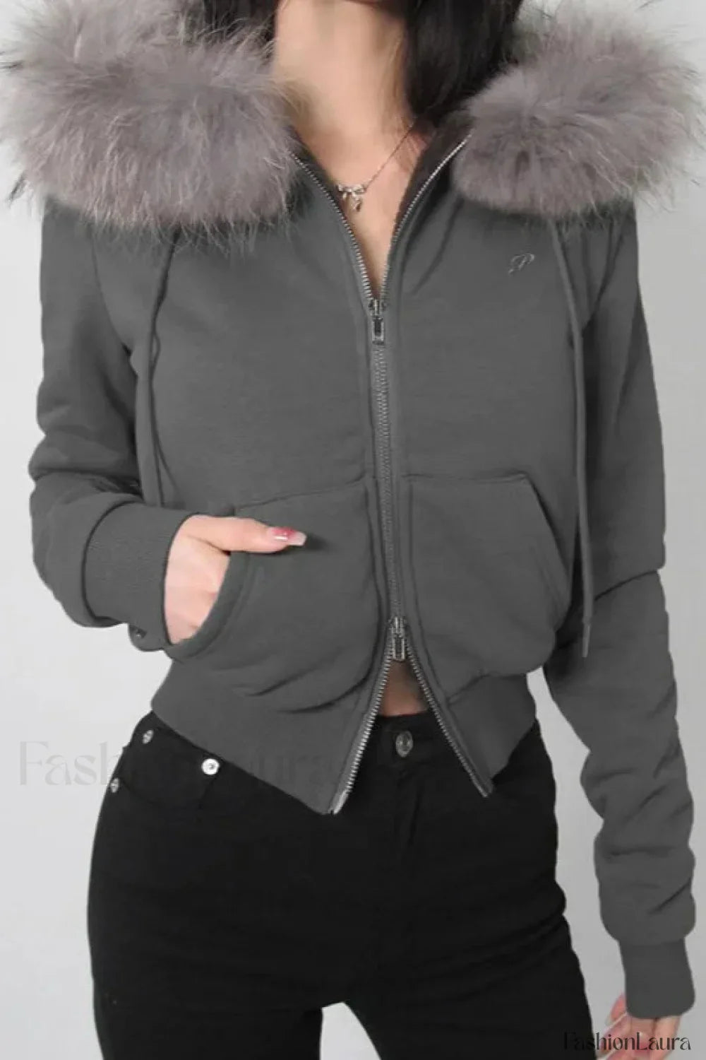 Fairy Fur Patchwork Double Zipper Hoodie Grey / S