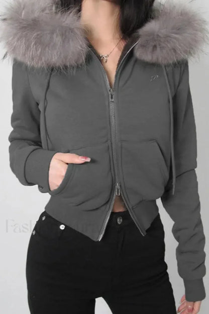 Fairy Fur Patchwork Double Zipper Hoodie Grey / S