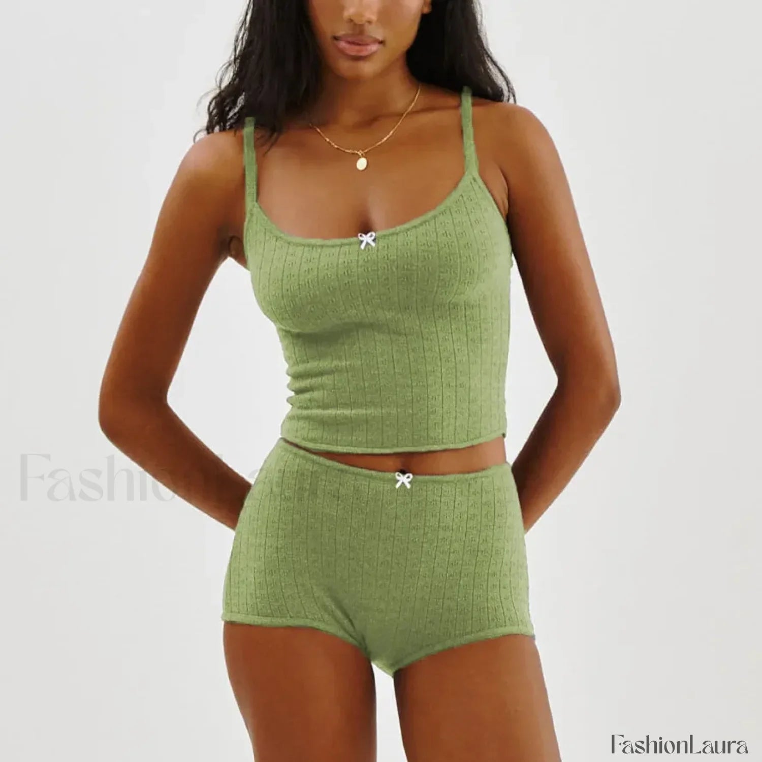 Fairy Grunge Lace Trim Tube Top Shorts Two Piece Set Green / S