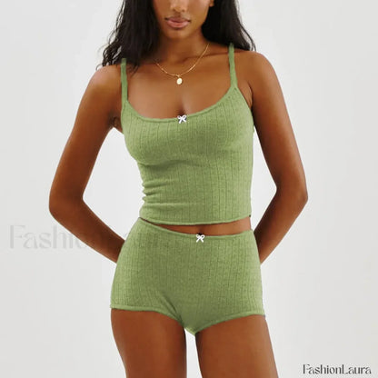 Fairy Grunge Lace Trim Tube Top Shorts Two Piece Set Green / S