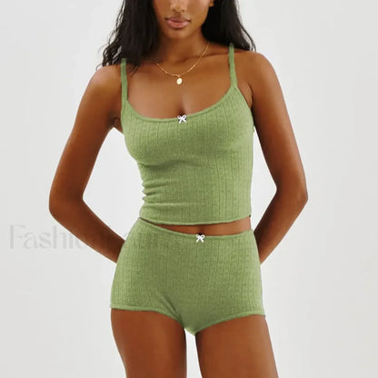 Fairy Grunge Lace Trim Tube Top Shorts Two Piece Set Green / S