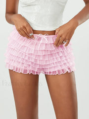 Fairycore Multi Layer Mesh Low Rise Bowknot Ruffle Short
