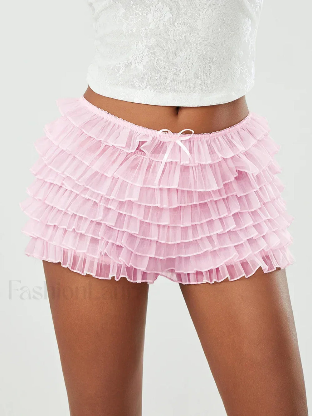Fairycore Multi Layer Mesh Low Rise Bowknot Ruffle Short Pink / S