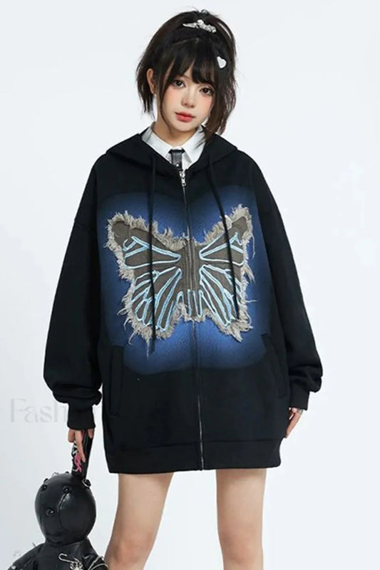 Fall Retro American Street Hoodie Black / S