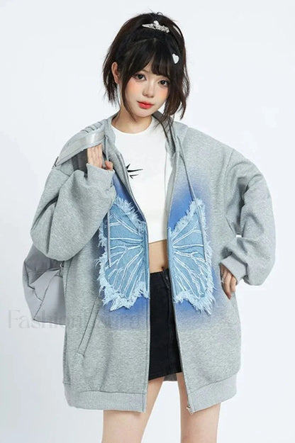 Fall Retro American Street Hoodie Grey / S