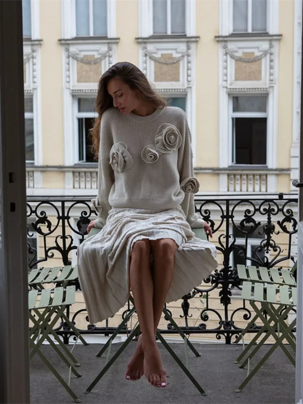 Fashion 3D Rose Round Neck Knitted Pullover Women Casual Long Sleeves Loose Sweater Sweaters L