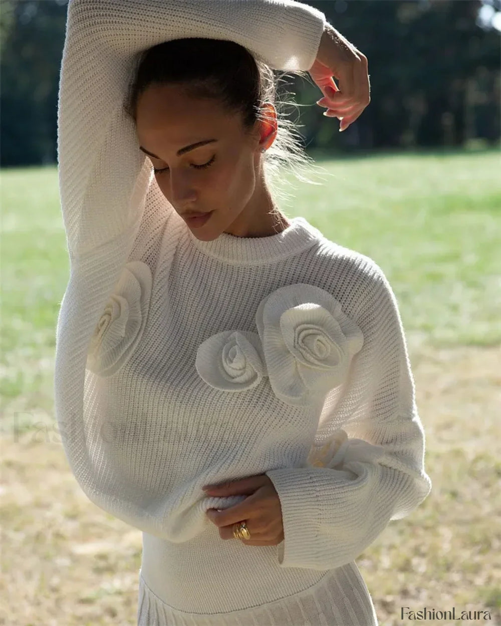 Fashion 3D Rose Round Neck Knitted Pullover Women Casual Long Sleeves Loose Sweater White / S Sweaters L