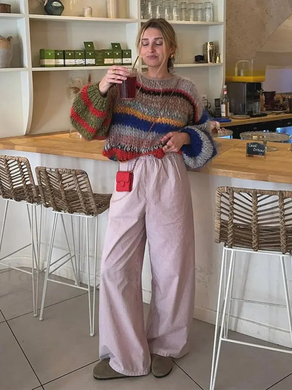 Fashion Contrasting O Neck Hollow Out Knitted Pullover Women Long Sleeve Loose Sweater Sweaters L