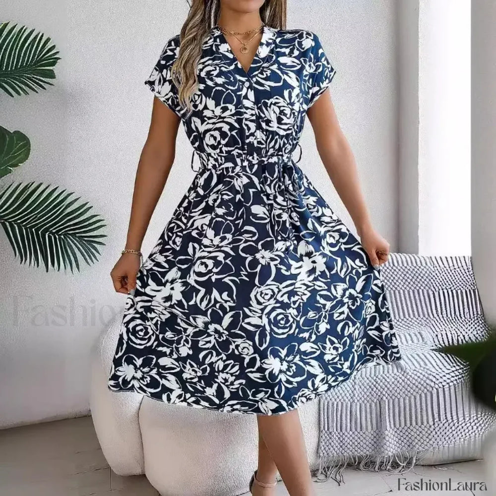 Fashion Elegant Floral Print Button Bat Sleeve A line Midi Dress
