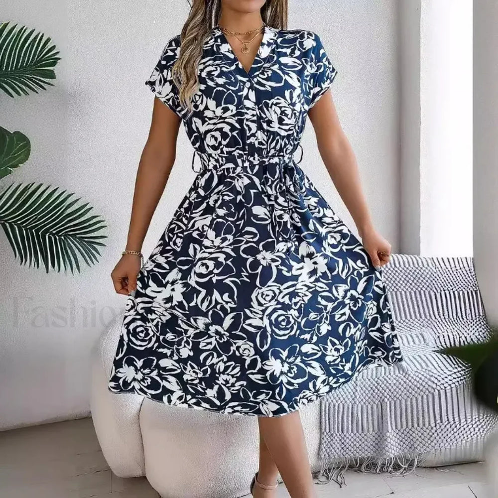 Fashion Elegant Floral Print Button Bat Sleeve A line Midi Dress