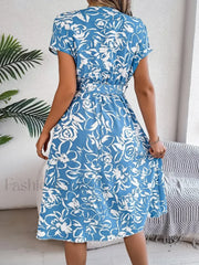 Fashion Elegant Floral Print Button Bat Sleeve A line Midi Dress
