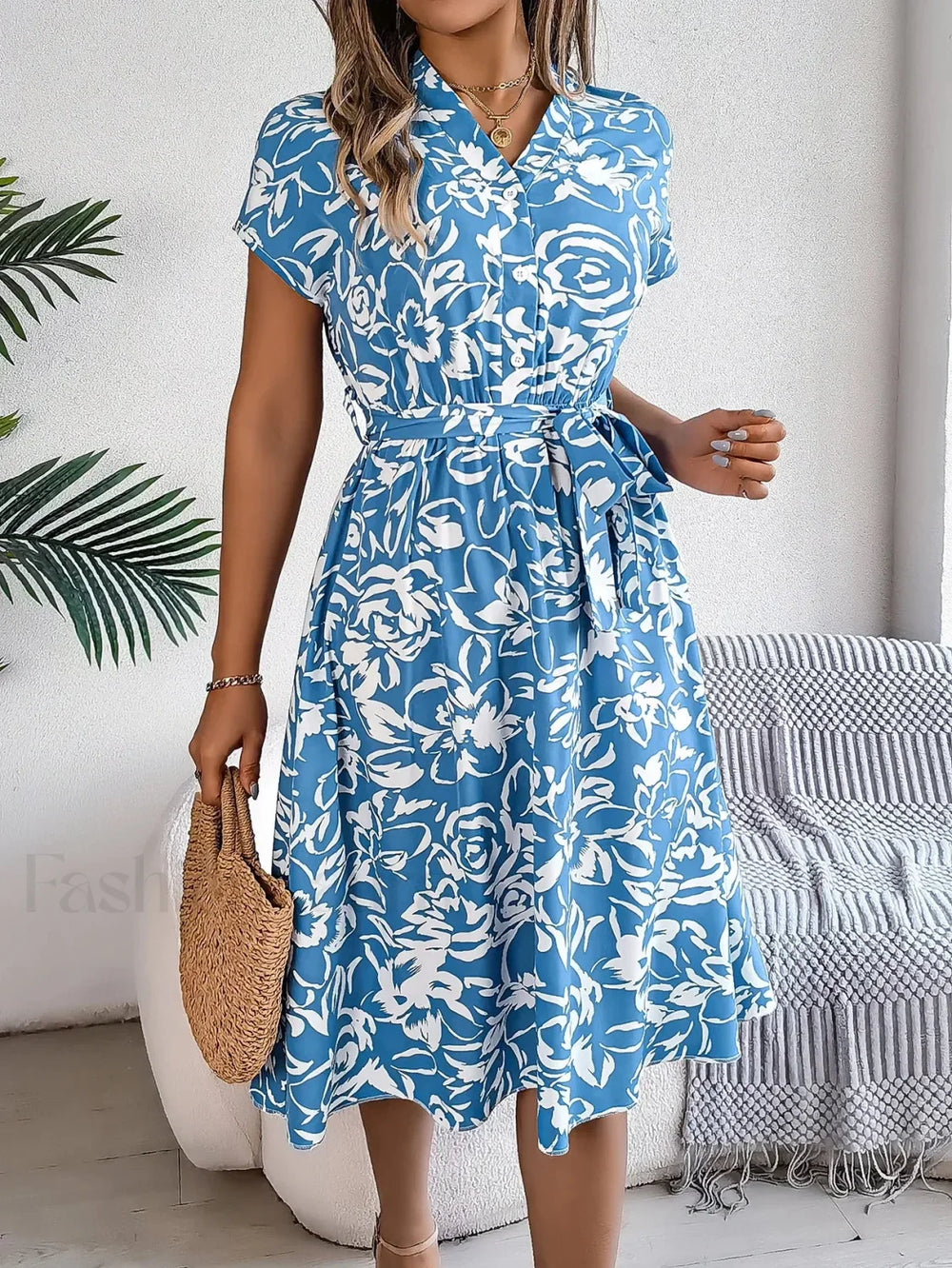 Fashion Elegant Floral Print Button Bat Sleeve A line Midi Dress Light Blue / S