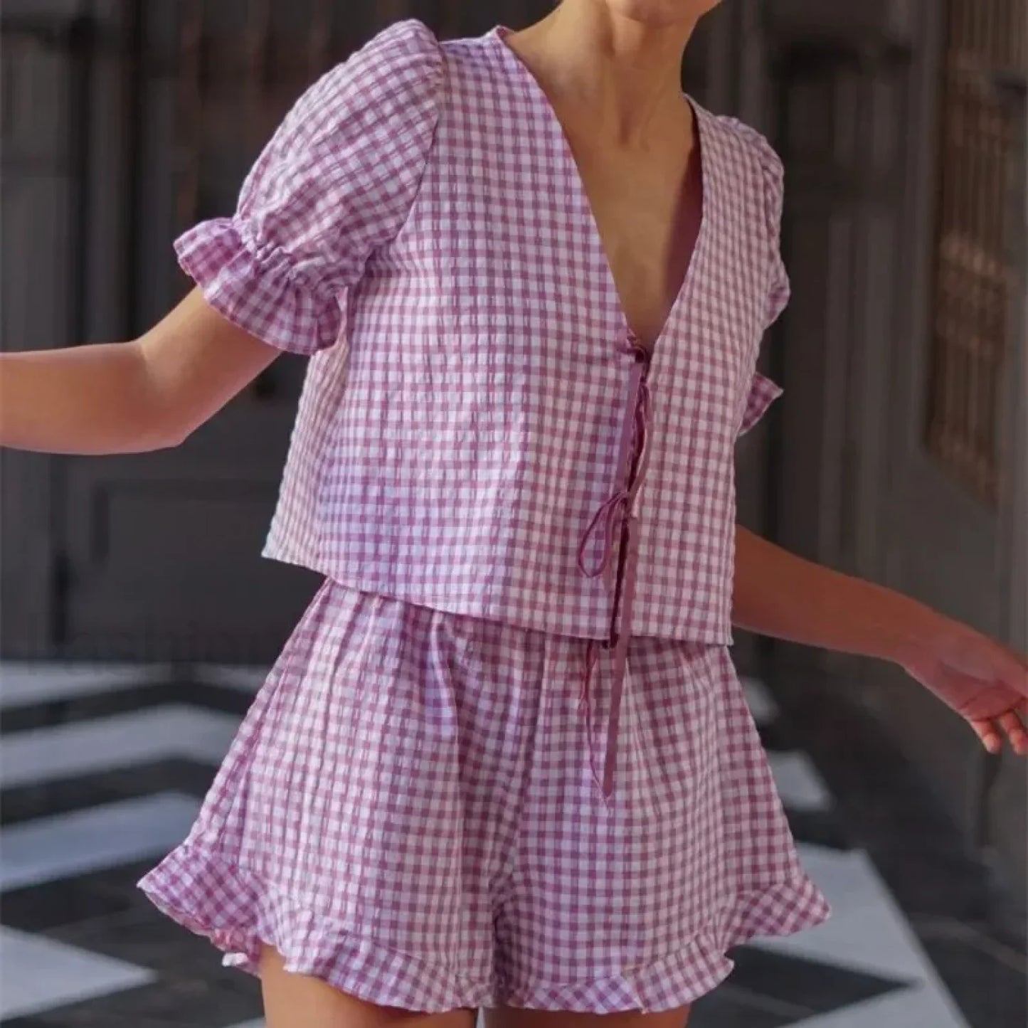 Fashion Gingham Tie Front Shirt Shorts Two Piece Set PURPLE / S