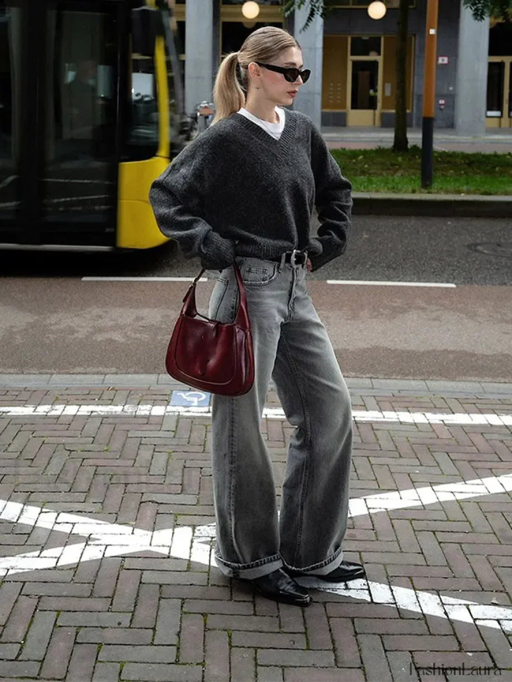 Fashion Solid Color V Neck Knitted Pullover Women Casual Long Sleeves Loose Sweater Sweaters L