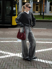 Fashion Solid Color V Neck Knitted Pullover Women Casual Long Sleeves Loose Sweater Sweaters L