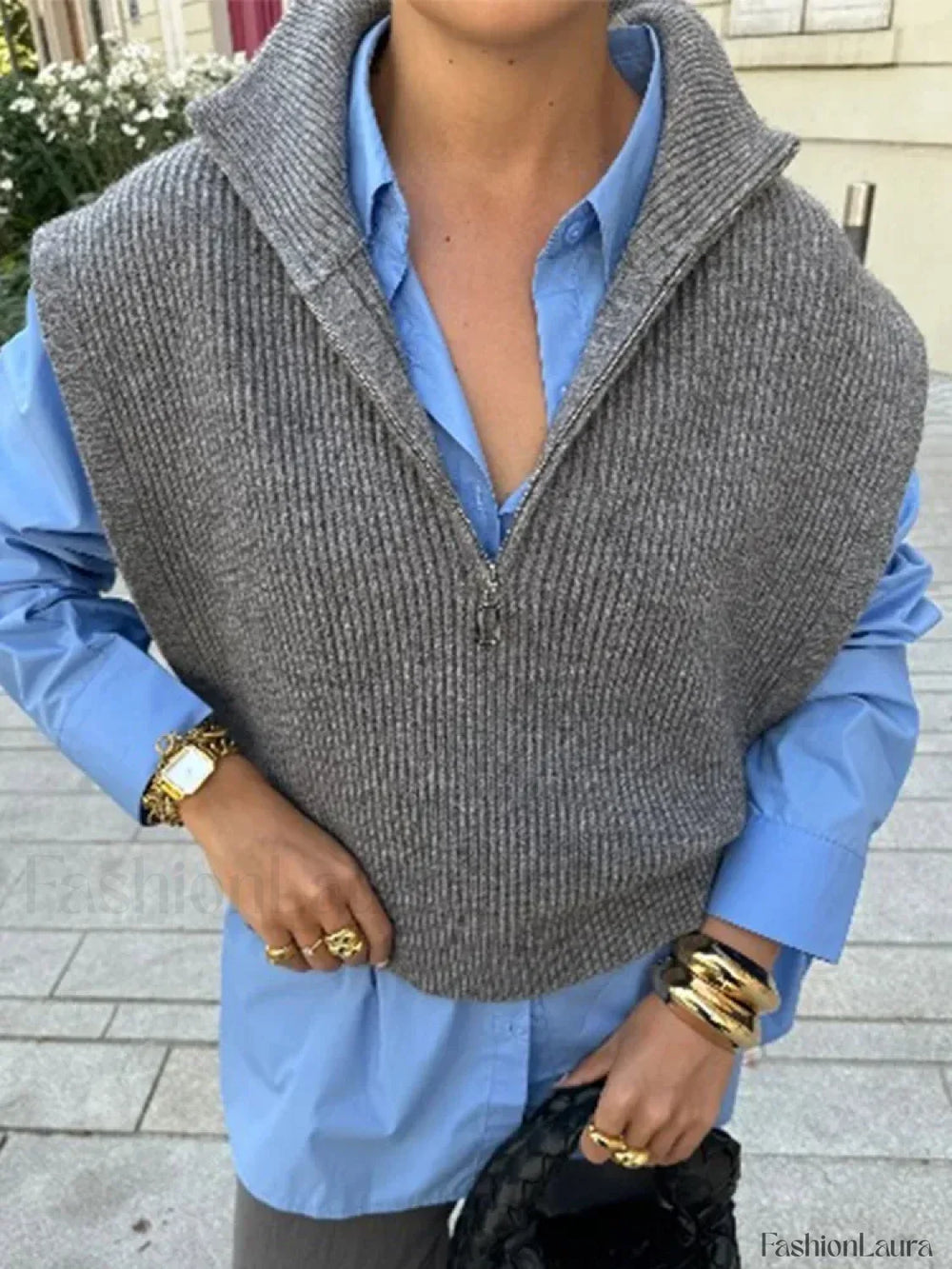 Fashion Solid Lapel Soft Women’s Knit Vest Sleeveless Loose Sweater Grey / S Sweaters L