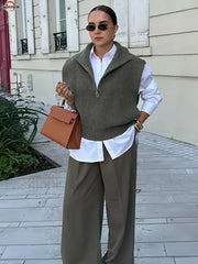 Fashion Solid Lapel Soft Women’s Knit Vest Sleeveless Loose Sweater Sweaters L