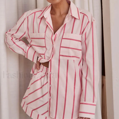 Fashion Striped Buttoned Shirt Shorts Pajamas Two Piece Set Red / S